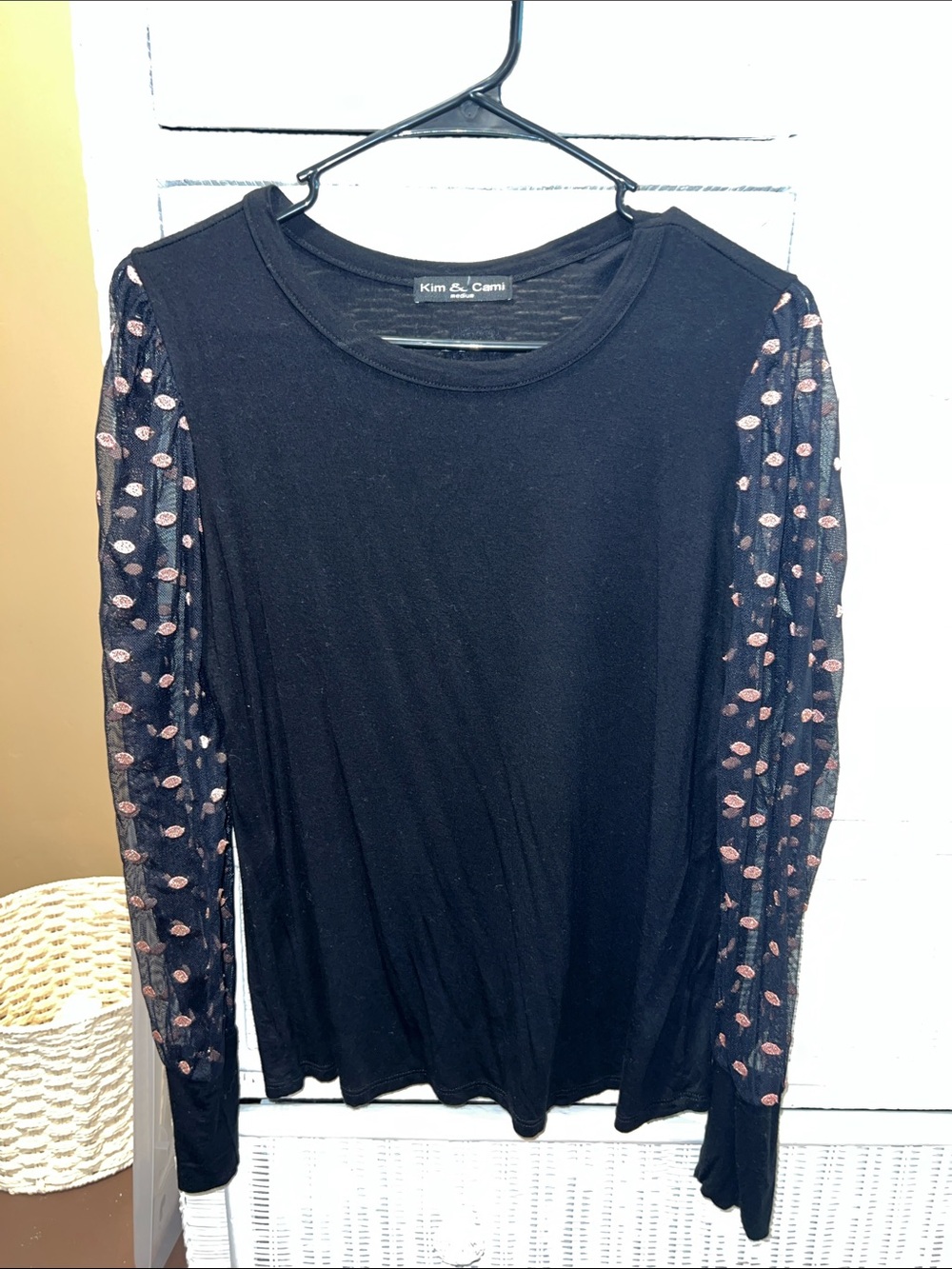 Kim & Cami Black Long Sleeve Top with Pink Dot Mesh Sleeves
